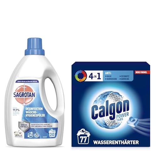 Calgon 4 in 1 Power Tabs - Wasserenthärter gegen Kalkablagerungen - 77 Tabs & Sagrotan Wäsche-Hygienespüler Frisch, Waschmittel-Zusatz - 1,5 L