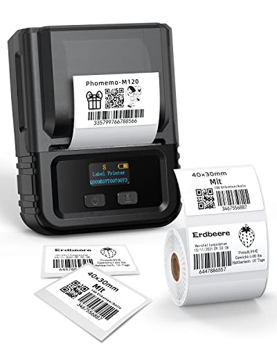 Phomemo Etikettendrucker - M120 Thermo Etikettiergerät Bluetooth Mini Wireless Labeldrucker für Barcode, QR-Code, Einzelhandel, Kabel, Kleinunternehmen, Kompatibel mit Android & iOS, Schwarz