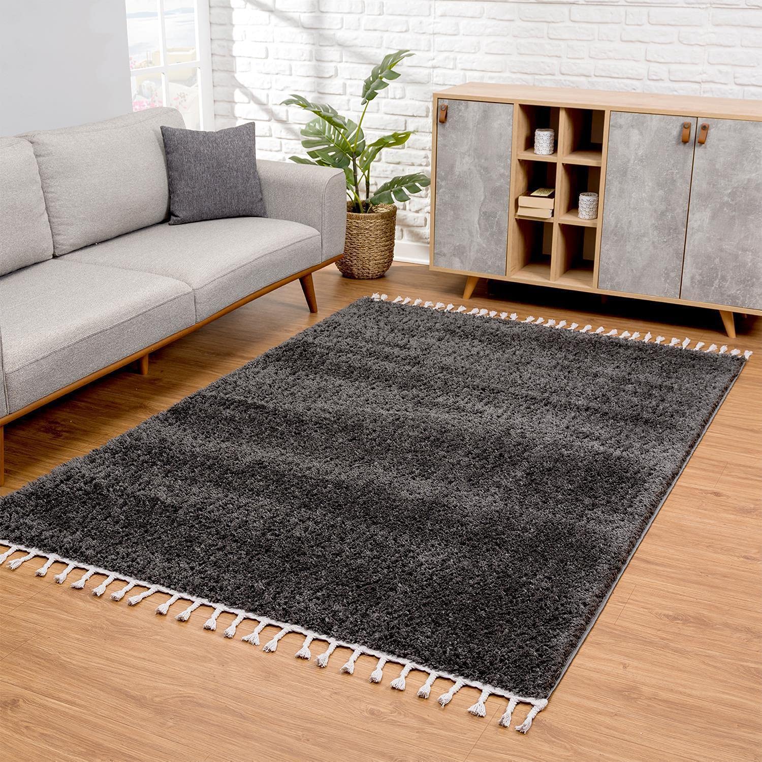 carpet city Hochflor Teppich Wohnzimmer - Einfarbig Schwarz - 120x160 cm - Shaggyteppich Langflor - Kettfäden - Schlafzimmerteppich Flauschig Weich - Moderne Wohnzimmerteppiche