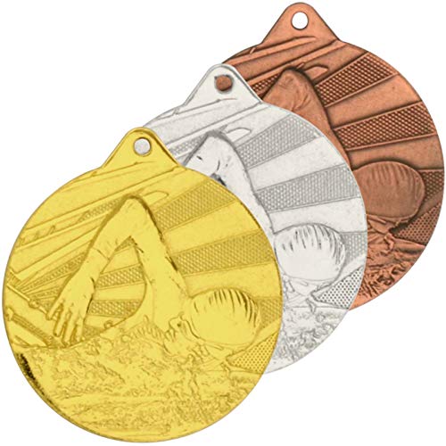 pokalspezialist 10 Stück Medaille Schwimmen 2 Medaillen 50 mm rund 3er Set je 1 x Gold Silber Bronze