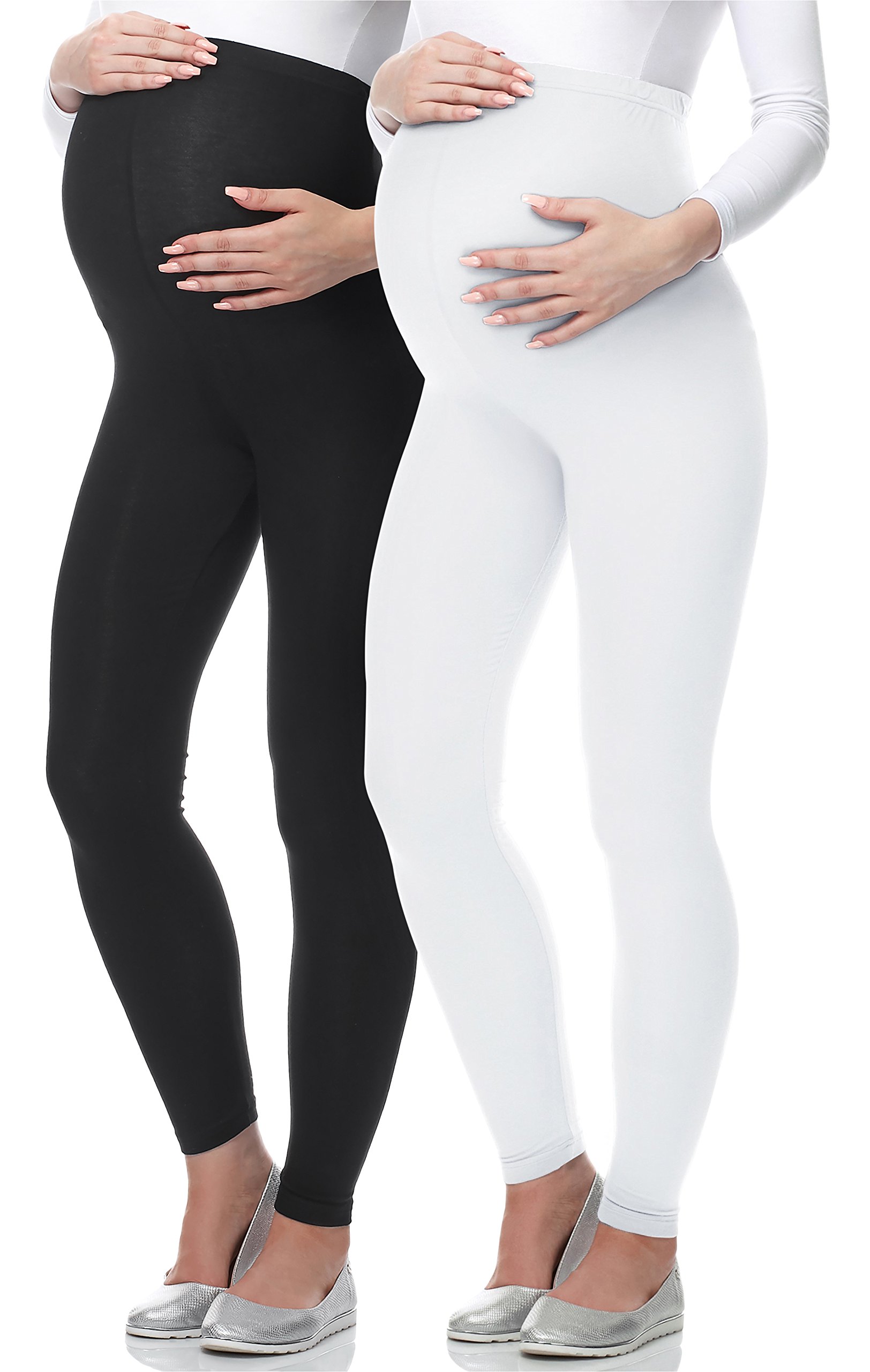 Be Mammy Lange Umstandsleggings aus Viskose Leggings Blickdicht Damen, Maternity Clothing, Ideal für die Schwangerschaft BE-02 2er Pack (Schwarz/Weiß, XL)