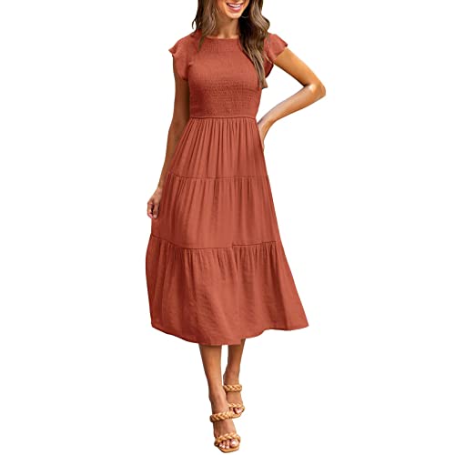 DYXIA Damen Flutter Kurzarm gesmoktes Midikleid Sommer lässig abgestuftes Kleid in A-Linie (Color : Orange, Größe : M)