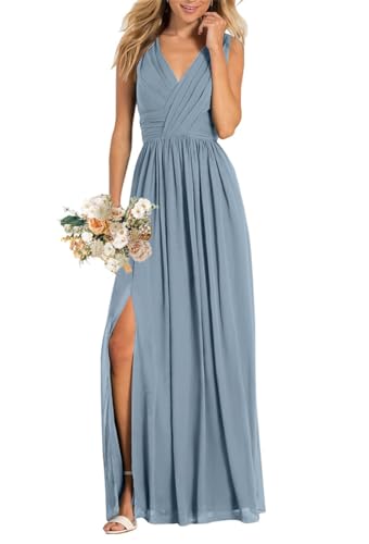 Damen V-Ausschnitt Brautjungfernkleider für Hochzeit Split A Linie Lange Formelle Kleider mit Taschen, dusty blue, 34