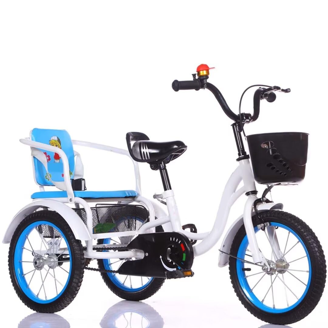 LSQXSS Zwillinge Tandem Dreirad für 3-12 Jahre alt, Outdoor Cruiser Dreirad mit Luftreifen Speichenrad, große Pedale Rikscha Dreirad in 14inch/16inch/18inch, Sensible Bremse