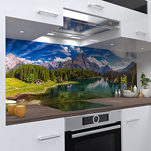 OneWheel | selbstklebende Küchenrückwand | 340x80 cm harte PVC Folie | Wandtattoo für Fliesenspiegel Design Berge grün | Motiv: Arnisee