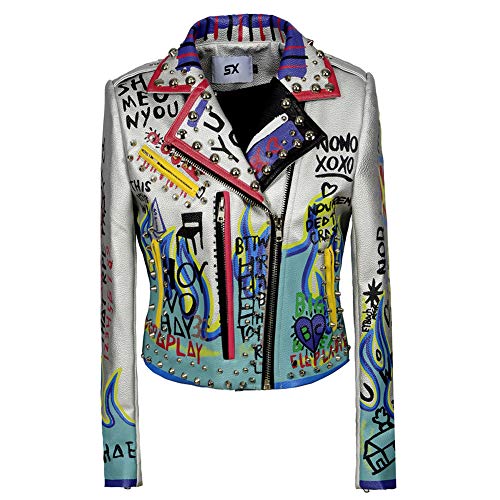 Hzikk Brief Drucken Lederjacke Frauen Kurz Geschoren Graffiti Motorradjacke,Silber,S