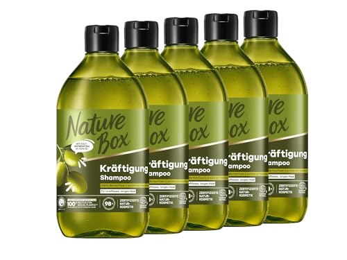 Nature Box Shampoo Kräftigung (5x 385 ml), Shampoo für lange Haare mit Oliven-Öl schützt vor Haarbruch und verleiht gepflegtes Haar, Flasche aus 100% recyceltem Social Plastic