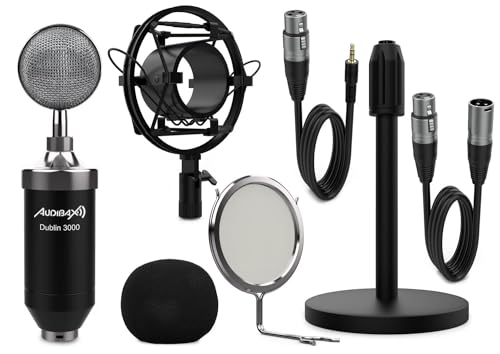 AUDIBAX - Dublin 3000 Pack Studio-Mikrofon mit großer Membran - Schwarz - Kondensatormikrofon - Polar-Herzmuster - inkl. Spinne, Windschutz, Stativ, Anti-Pop-Filter und XLR-Kabel