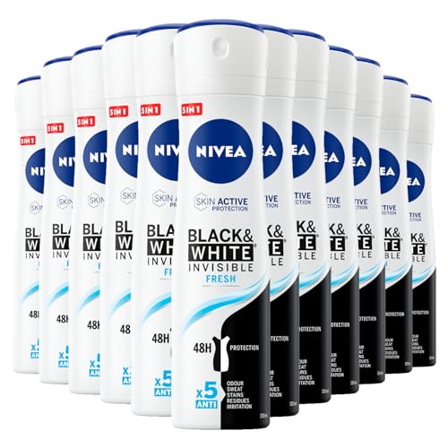 Nivea Schwarz & Weiß Invisible Fresh Deodorant Spray Frisches und Anti-Streifen-Duft, Schutz für Haut und Kleidung - 12 Flaschen à 150 ml