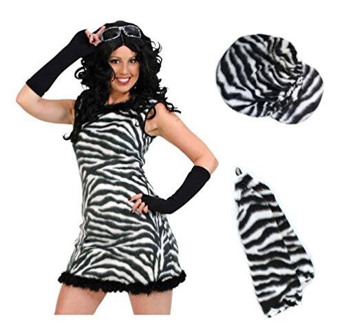 KarnevalsTeufel Damenkostüm - Set Zebra, 3-TLG. Kleid, Mütze und Handschuhe | Größen 36 - 42 | Plüsch, Tierkostüm, Karneval, Mottoparty (36)
