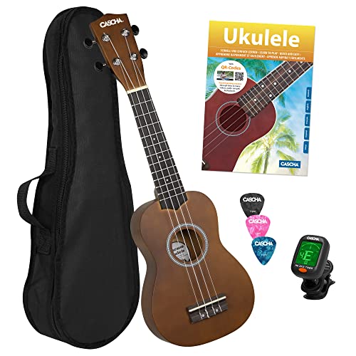 CASCHA Sopran Ukulele Set, kleine Hawaii Gitarre für Kinder & Erwachsene mit Lehrbuch, Stimmgerät, Tasche und 3 Plektren