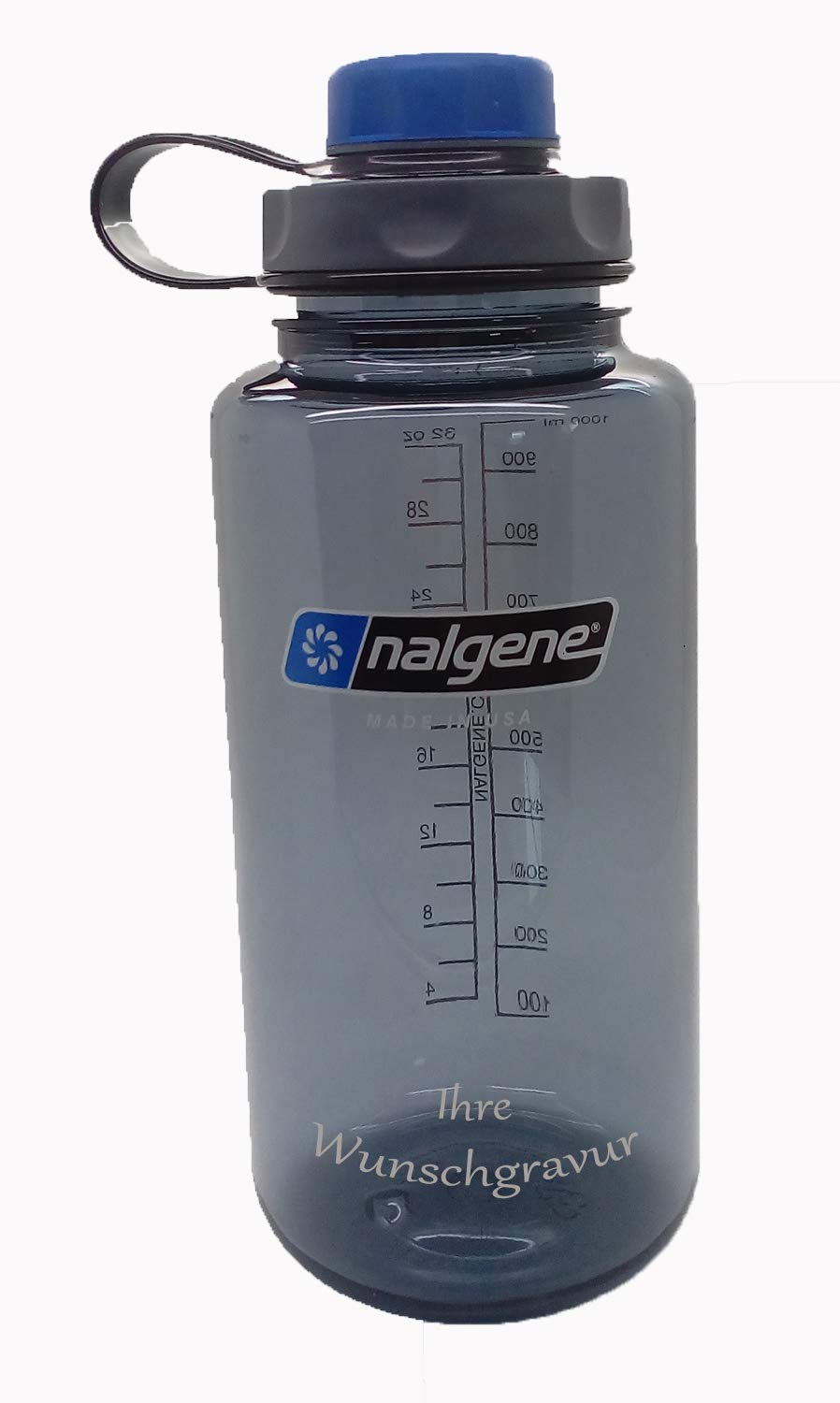 Nalgene Flasche 'Everyday Weithals' - 1 L mit 'capCAP'-Deckel (Grau, mit Namensgravur, Deckel blau)