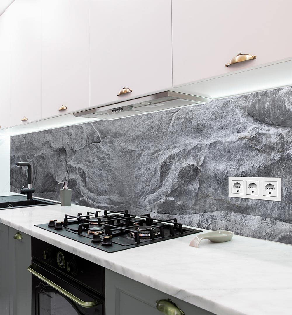 MyMaxxi - Selbstklebende Küchenrückwand Folie ohne Bohren - Motiv Steinwand grau 60cm hoch – Klebefolie Wandbild Küche – Wand-Deko – Steine Mauer Farbverlauf 220 x 60cm