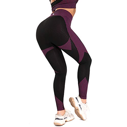 Leoyee Seamless Gym Leggings Power Stretch hoch taillierte Yoga Hosen Sporthosen (Schwarz Fuchsia, Small)