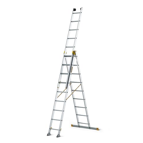DRABEST - MAX Aluminium Profi Leiter - 3 x 9 Stufen - rutschfeste Sprossen - 5,3 m lang - bis 150 kg - 3-teilig - für Baustelle - Mehrzweck-, Steh-, Auszieh-, Klapp-, Treppenleiter - Verstellbar