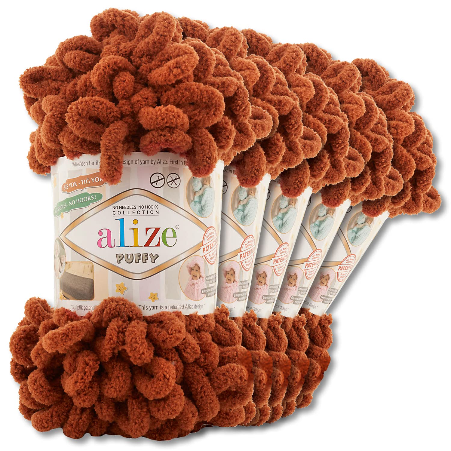 Alize 5 x 100 g Puffy Wolle Chenille Schlaufenwolle Häkeln und Stricken ohne Hilfsmittel Kleidung Accesoire Decken Teppiche (597 | Zimt)