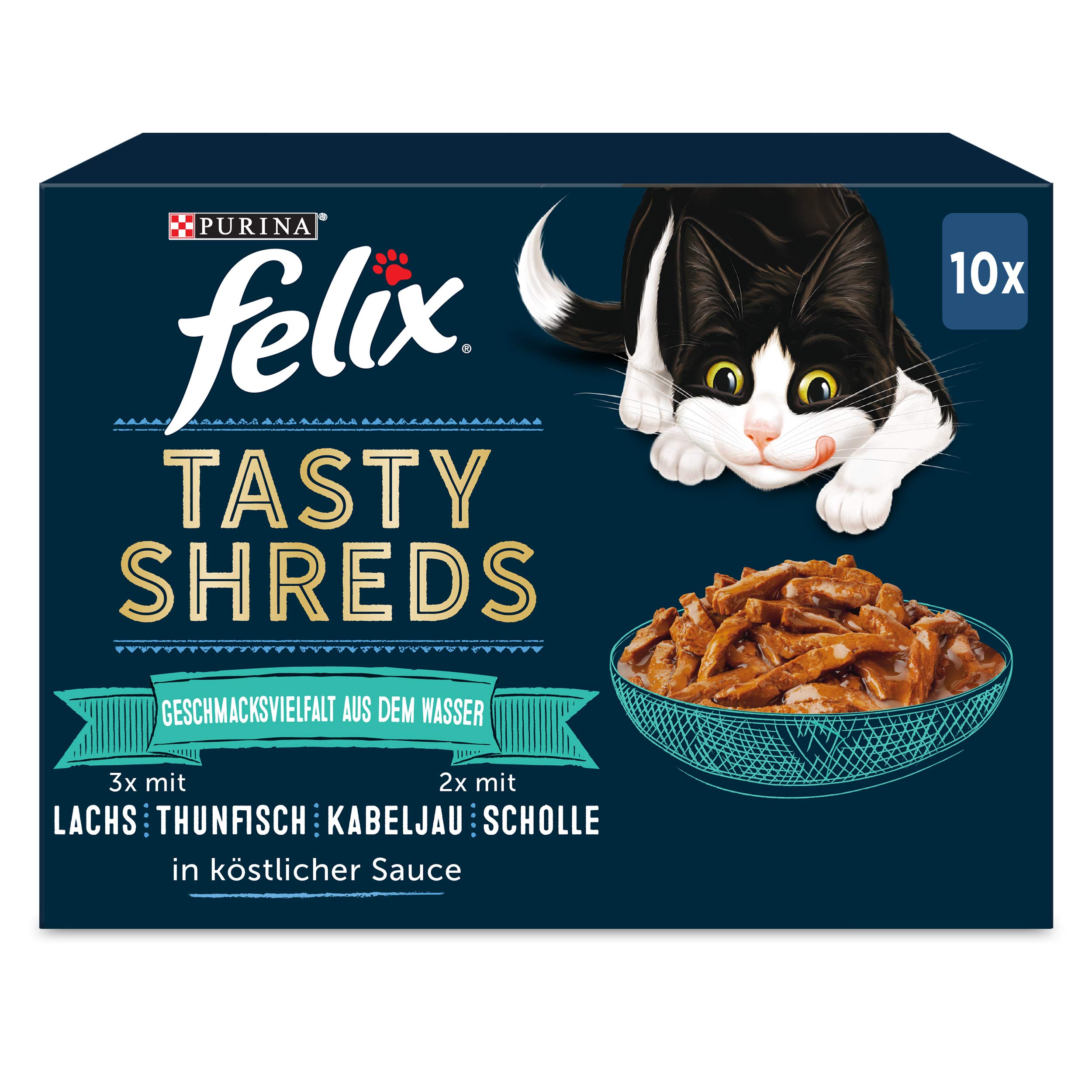 FELIX Tasty Shreds Katzenfutter nass in Sauce, Geschmacksvielfalt aus dem Wasser, 6er Pack (6 x 10 x 80g)