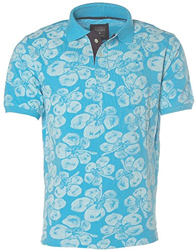 Kitaro Herren Kurzarm Shirt Polokragen Poloshirt Pikee Hawaiiprint Blumen Capri Blu.