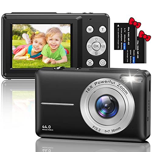 Digitalkamera, HD 1080P 44MP Fotokamera Kompaktkamera, Mini Digitalkameras, Wiederaufladbare Digital Kamera mit 16X Digitalzoom für Kinder, Erwachsene, Mädchen, Jungen, Anfänger(Schwarz)
