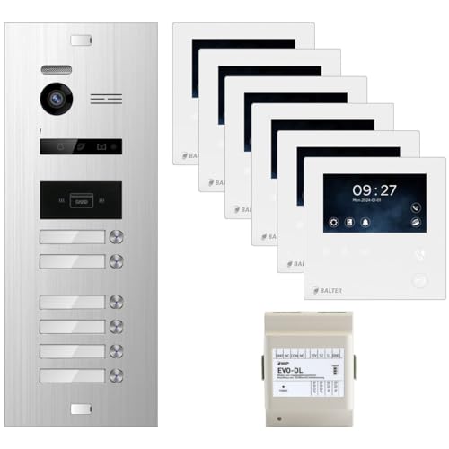 Balter EVO Silber/Weiß Video Türsprechanlage Set für 6 Familienhaus (1x Türstation, 6X 4.3 Mini Monitor, 1x EVO-DL Module, 2-Draht Bus, 150° Weitwinkel, RFID)