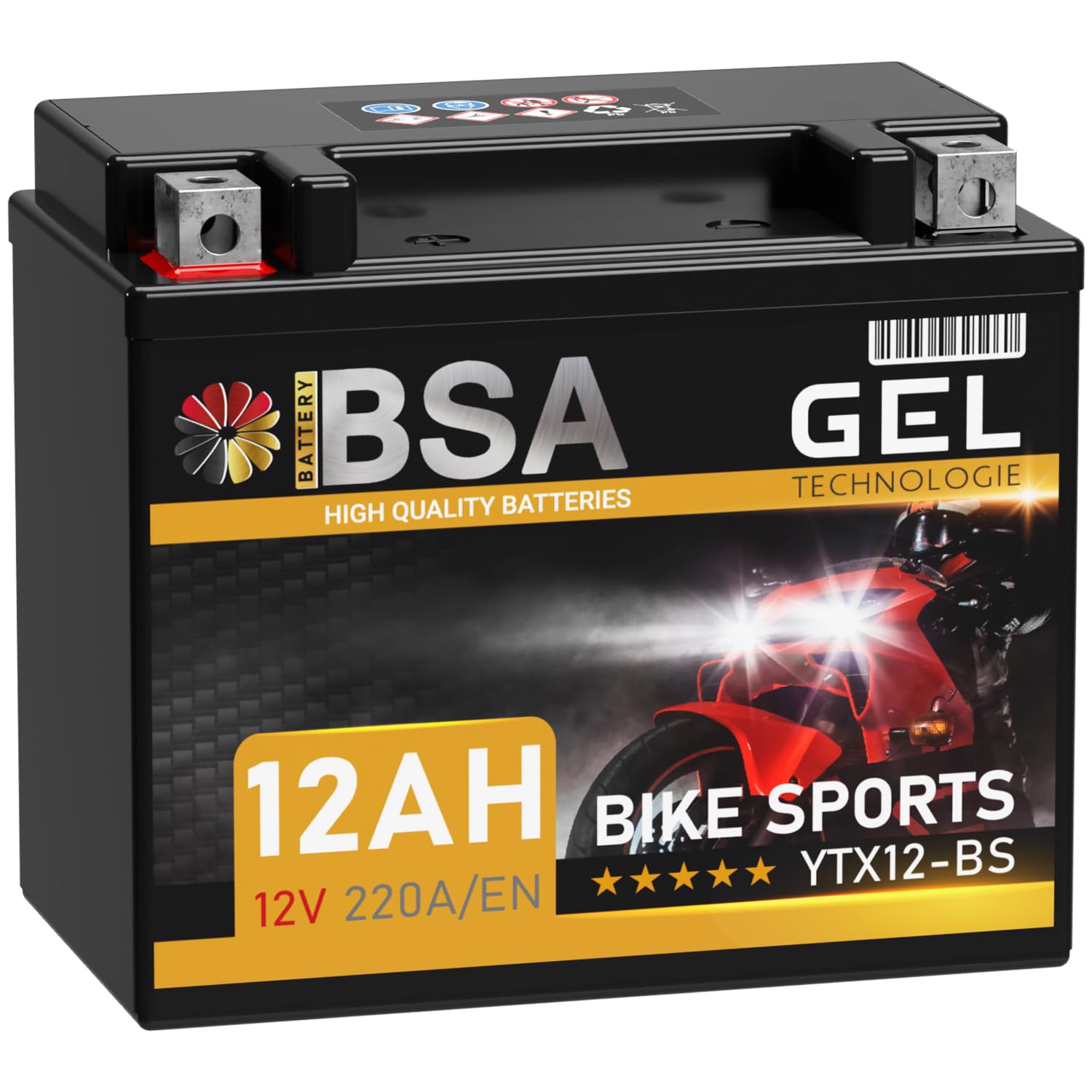 BSA YTX12-BS GEL Roller Batterie 12V 12Ah 220A/EN Motorradbatterie doppelte Lebensdauer entspricht CTX12-BS 51012 GTX12-BS Quad vorgeladen auslaufsicher wartungsfrei