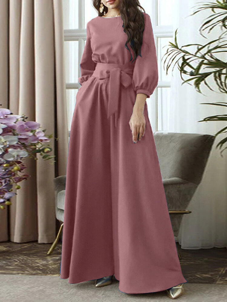 Einfarbiger O-Ausschnitt mit Schnürung und seitlicher Tasche mit 3/4 Ärmeln Vintage Maxi Kleid