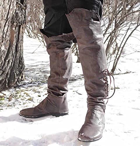 Mooke Retro Herren Piratenstiefel Mit Manschetten Mittelalter Hohe Stiefel Wikinger Cosplay Hohe Knie Schnürschuhe Renaissance Für Erwachsene Und Kinder,Braun,41