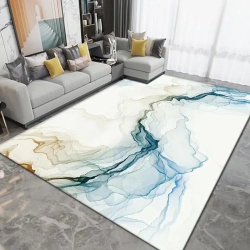 18meng Art Teppich Abstrakt Stilvolles Modernes Weiß und Blau Geometrisches Muster Wohnzimmer Schlafzimmer Weich Teppich 200x300 cm Waschbar Nicht Verblassen rutschfest Kurzflor Großer Teppich