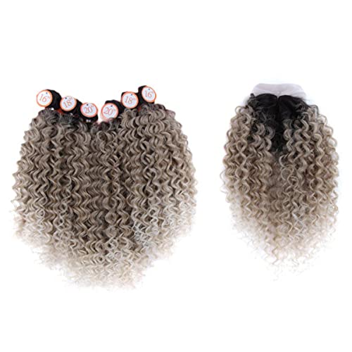 Synthetische Haar-Webart 16-20 Zoll 7Pieces/lot Afro verworrenes gelocktes Haar-Bündel mit afrikanischer Spitze des Verschlusses für Frauenhaar -TT4-T-LINEN (14), 16 18 20 7pcslot