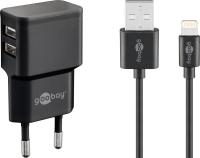 Wentronic goobay - Netzteil - 12 Watt - 2,4 A - 2 Ausgabeanschlussstellen (USB) - auf Kabel: Lightning - Schwarz - Europa - für Apple iPad/iPhone/iPod (Lightning) (44995)