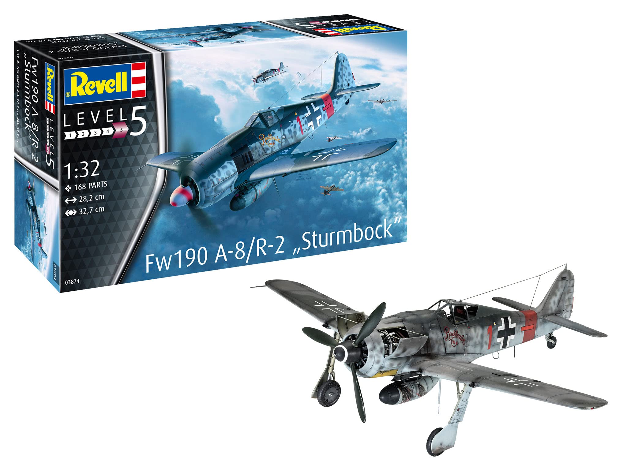 Revell REV-03874 Fw190 A-8/R-2 Sturmbock, Flugzeugmodellbausatz 1:32, 28,2cm Modelmaking, unlackiert, 1/32, 10 Jahre to 99 Jahre
