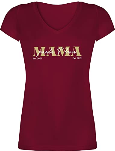 T-Shirt Damen V Ausschnitt personalisiert mit Namen - Muttertag - Mama Geschenk mit Namen Kinder Datum Geburtsjahr Muttertagsgeschenk Mutti seit - M - Bordeauxrot - XO1525