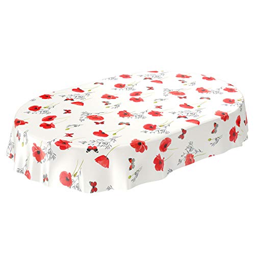 ANRO abwaschbare Tischdecke Wachstuchtischdecke Wachstischdekce PVC Mohnblumen Schmetterlinge Weiß/Silber Oval 220x140cm