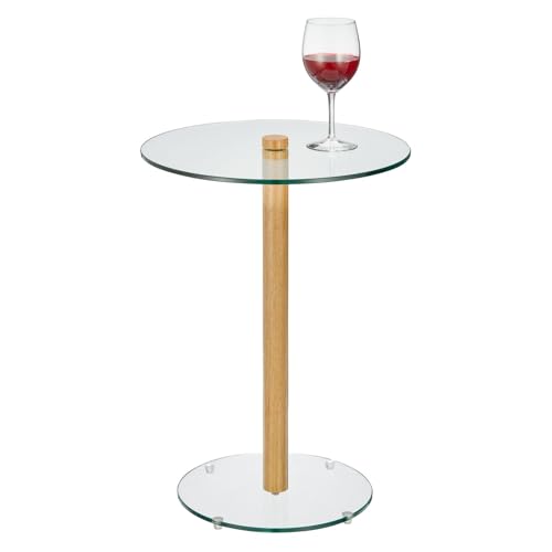 mDesign Runder Getränketisch mit Glasplatte und Holzakzent, 40,6 cm Beistelltisch, runder Glastisch für kleine Räume, Cocktail-/Martini-Tisch für Esszimmer, Küche, neben dem Sofa,