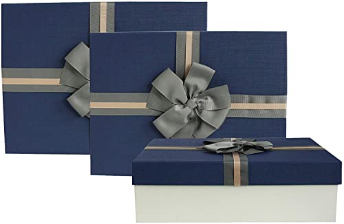 Emartbuy Set mit 3 starren Geschenkboxen, cremefarbene Box mit blauem Deckel, braunes gestreiftes Schleifenband und 200 g geschreddertem Papier in Cremefarben