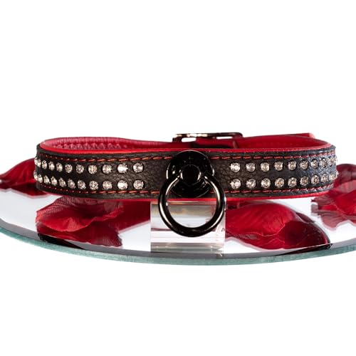 SiaLinda: Halsband echtes Elch Leder mit Strass rot schwarz, gr. O-Ring, 20mm breit schwarz (anthrazit)