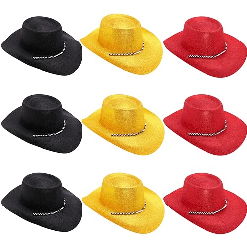 Toyland® Packung mit 9 Glitzer-Cowboyhüten mit Belgien-Thema – 3 Schwarz, 3 Gold und 3 Rot – Größe 34 cm (13 Zoll) – Perfekt für EM, Weltmeisterschaft und Festivals