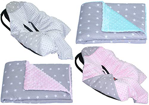 Baby Einschlagdecke MINKY-Sterne auf Grau- mit Kapuze 90x90 cm Babyschale Decke (Mit ROSA)