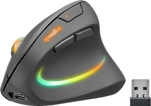 Speedlink PIAVO PRO beleuchtete vertikale Maus wiederaufladbar – kabellose Maus ergonomisch für Rechtshänder, integrierter Akku aufladbar über USB-C, farbige Beleuchtung, DPI einstellbar, schwarz