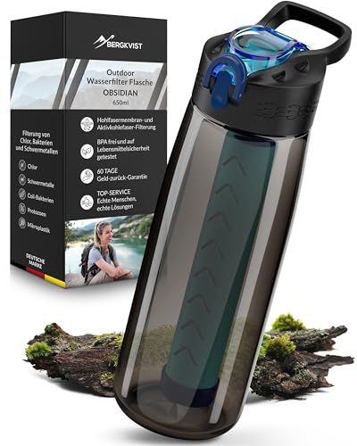 BERGKVIST Outdoor Wasserfilter Trinkflasche OBSIDIAN 650ml -sauberes Trinkwasser unterwegs für Camping, Wandern, Backpacking, Prepper und Survival