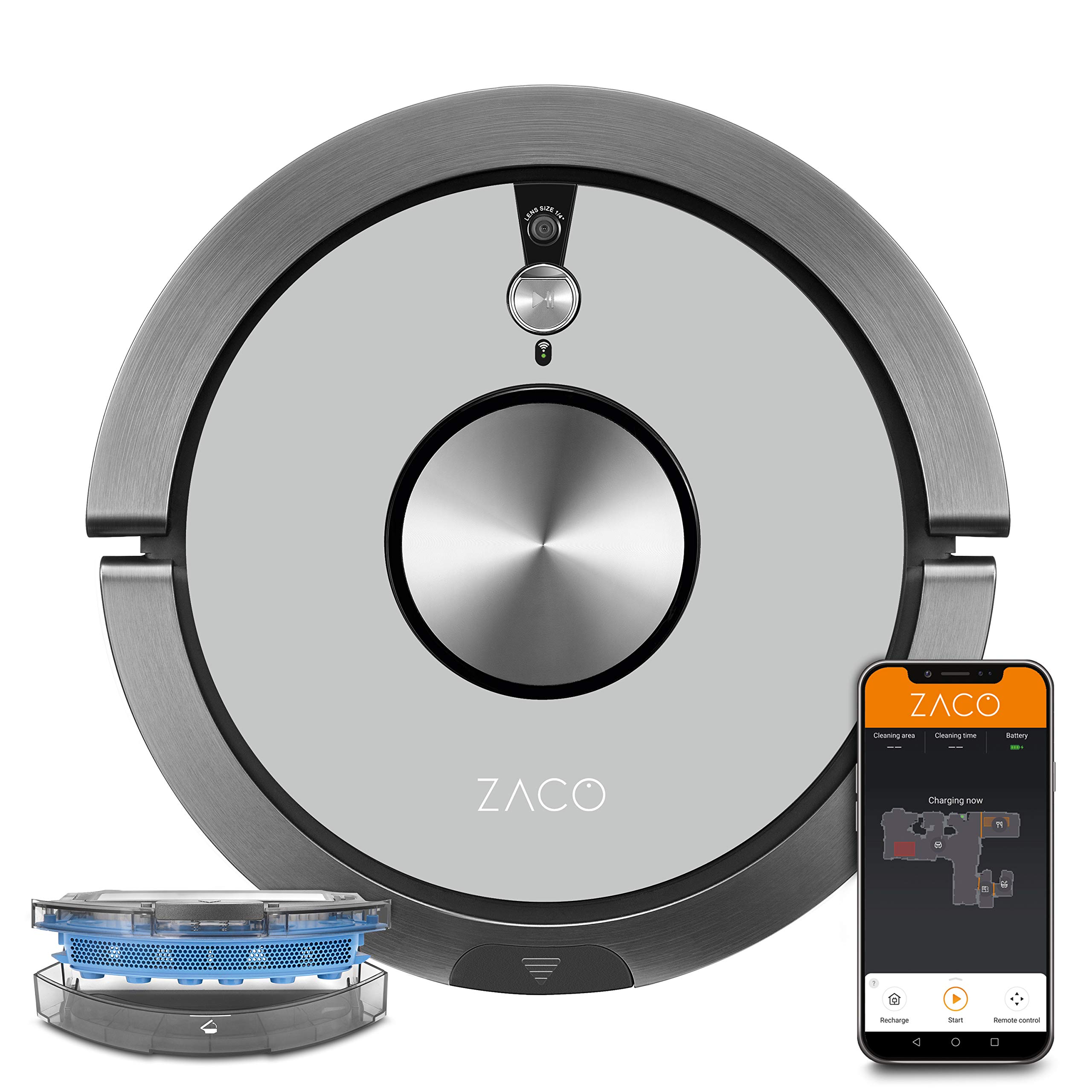 ZACO A9sPro Saugroboter mit Wischfunktion, App & Alexa, Mapping, bis zu 2 Std saugen oder wischen, Staubsauger-Roboter für Hartböden & Teppich, Tierhaare, Roboterstaubsauger mit Ladestation, grey