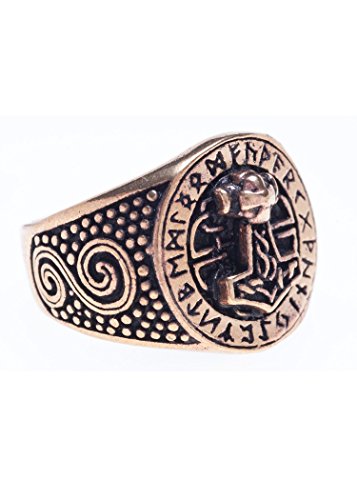 Battle-Merchant Bronzener Wikingerring mit Runen und Thorshammer Bronzering LARP Wikinger Mittelalter Verschiedene Größen (Ringgröße 21/66)