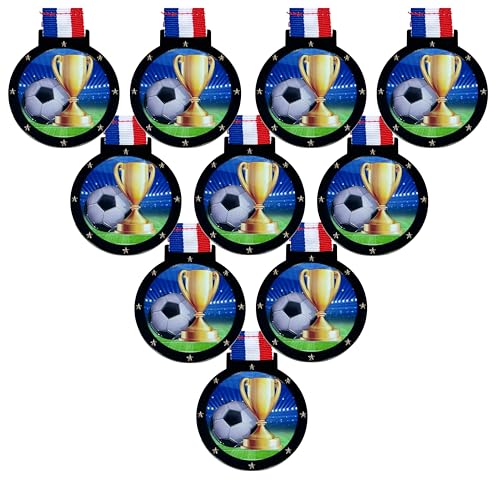 10 Stück große 5,7 cm große Fußball-Preismedaillen mit angenähten Halsbändern, Trophäe, Medaillen, Trophäen, Geschenk, Preis, Team, schwarz, gold, Stern, UV