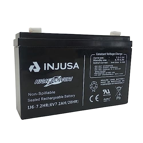 INJUSA - Blei-Säure-Batterie, 6 V, 7,2 Ah, kompatibel mit 6 V INJUSA Elektrofahrzeugen, Motorrädern, Autos und Quads mit 6 V Batterie, mit 60 Minuten Laufzeit und 12 Stunden Ladezeit