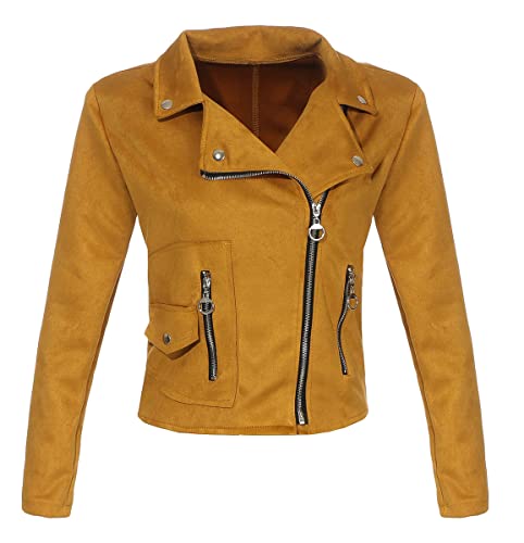 malito Damen Jacke | Velours Jacke | Biker Jacke mit Reißverschluss | Faux Leather - leichte Jacke 19617 (dunkelgelb, S)