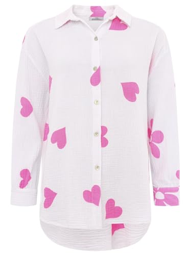 Zwillingsherz Musselinbluse aus 100% Baumwolle für Damen Frauen - Hochwertige Bluse Hemdbluse Oberteil Top Shirt Hemd Langarm Herzen - Frühling Sommer