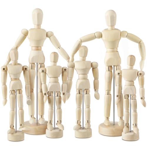 Bcowtte 6 Stück Modell-Set für künstlerische Mannequins aus Holz, flexible bewegliche Zeichenpuppe mit Ständer.