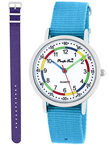 Pacific Time Lernuhr Mädchen Jungen Kinder Armbanduhr 2 Armband hellblau + gelb reflektierend analog Quarz 11045