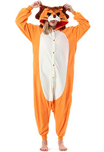 ULEEMARK Damen Jumpsuit Onesie Tier Fasching Halloween Kostüm Lounge Sleepsuit Herren Cosplay Overall Pyjama Schlafanzug Erwachsene Unisex Löwe for XL