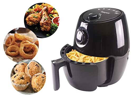 Beper P101FRI001 Heißluftfritteuse, ölfrei, Timer und Temperatur einstellbar, abnehmbarer Behälter und Gitter, 2 Liter Fassungsvermögen, 1000 Watt, Schwarz